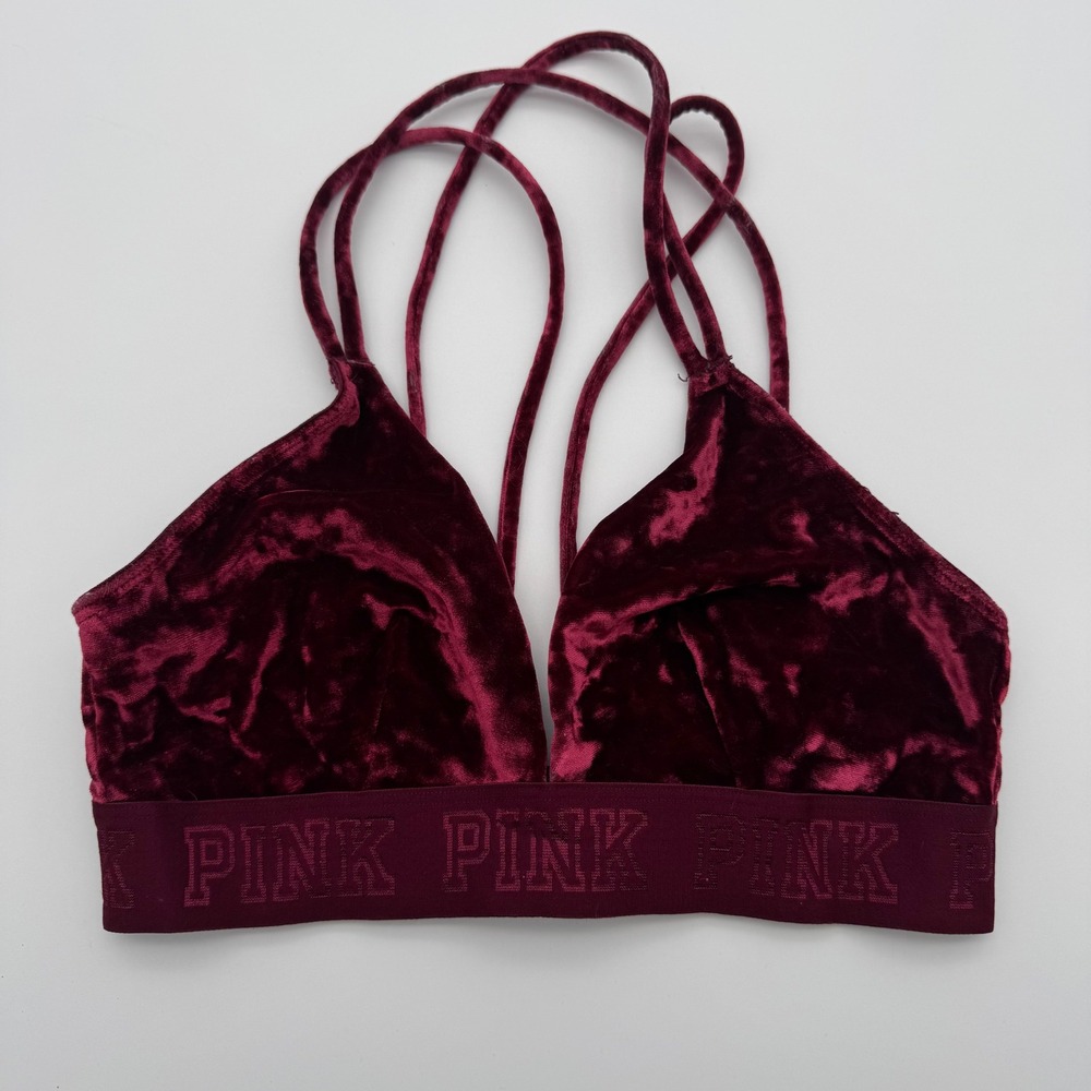 PINK Victoria's Secret Burgundy Crushed Velvet Strappy Bralette Small Maroon